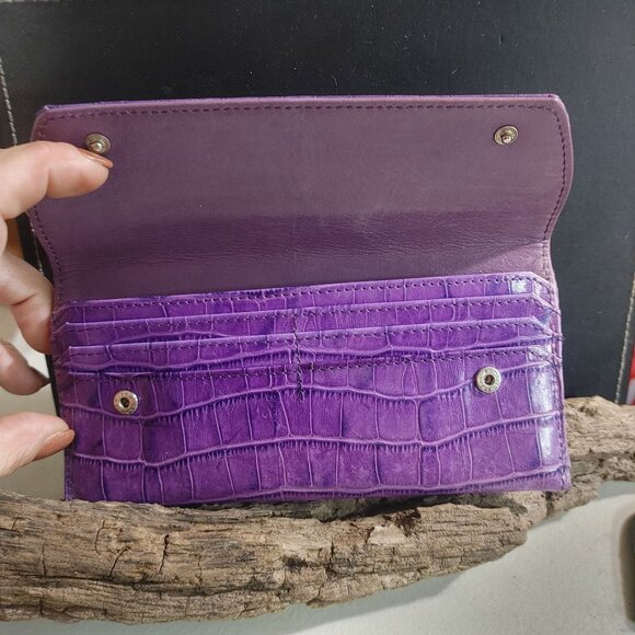 Leather Wallet Abas Lavender Purple Crocodile Embossed Snap Closure - Picture 4 of 13